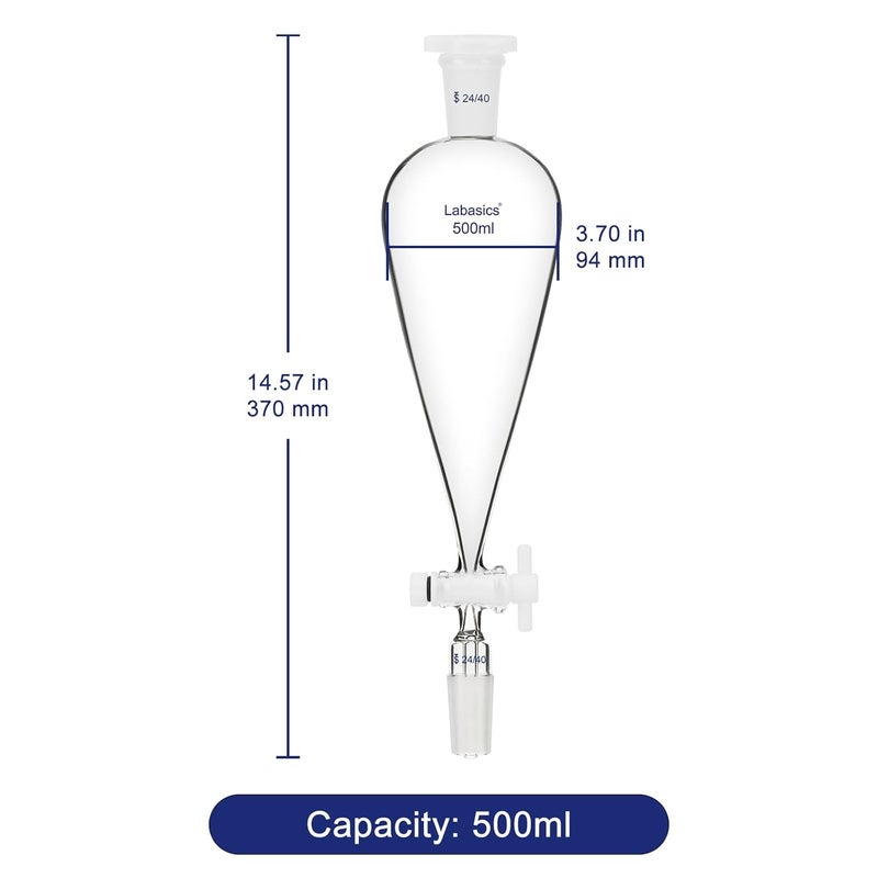 Labasics 500 ml Conical Pear-Shaped Separatory Funnel with PTFE Stopcock, Heavy Wall Borosilicate Glass with 24/40 Joints - Image 4